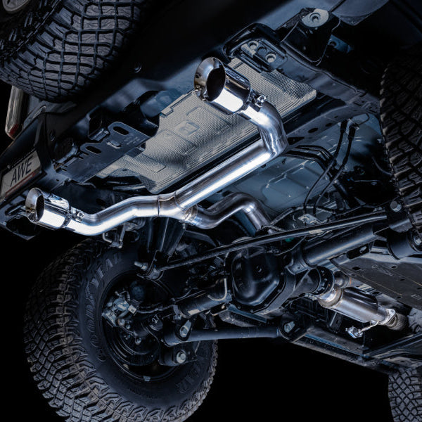 AWE Tuning 0FG Dual Rear Exit Exhaust with Chrome Silver Tips and BashGuard for Ford Bronco 2021-2023