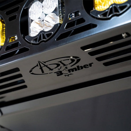 Addictive Desert Designs Bomber Front Bumper for Ford Bronco 2021-2023 with Baja Designs LP4 Mounts and D-Rings - Hammer Black Finish