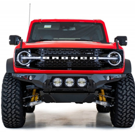 Addictive Desert Designs 21-22 Ford Bronco Bomber Front Bumper with Rigid 360 Mounts and D-Rings in Hammer Black