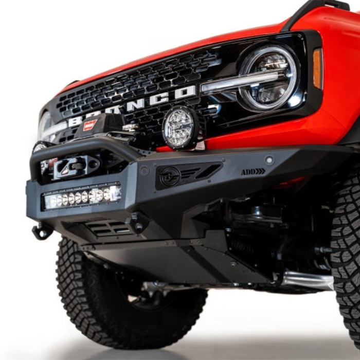 Addictive Desert Designs Rock Fighter Front Bumper Hammer Black with Satin Black Panels | 2021+ Ford Bronco