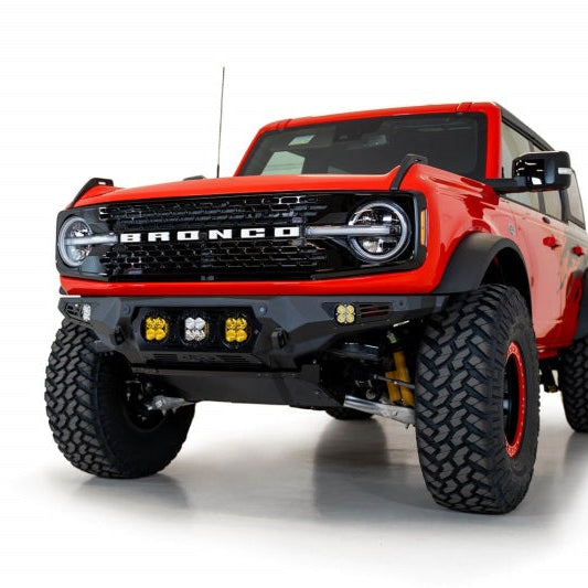 Addictive Desert Designs Bomber Front Bumper for Ford Bronco 2021-2023 with Baja Designs LP4 Mounts and D-Rings - Hammer Black Finish