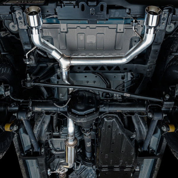 AWE Tuning 0FG Dual Rear Exit Exhaust with Chrome Silver Tips and BashGuard for Ford Bronco 2021-2023