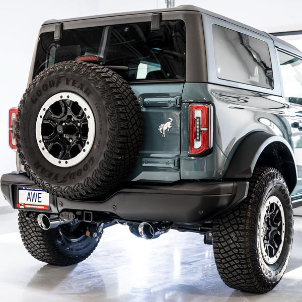 AWE Tuning 0FG Dual Rear Exit Exhaust with Chrome Silver Tips and BashGuard for Ford Bronco 2021-2023