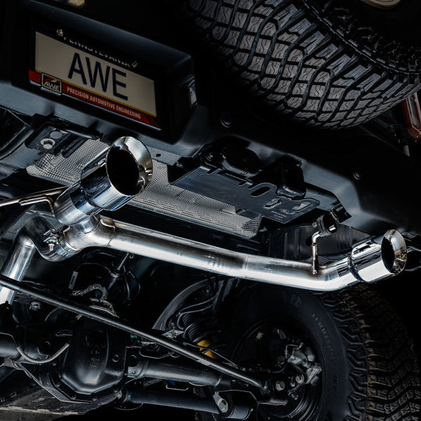 AWE Tuning 0FG Dual Rear Exit Exhaust with Chrome Silver Tips and BashGuard for Ford Bronco 2021-2023