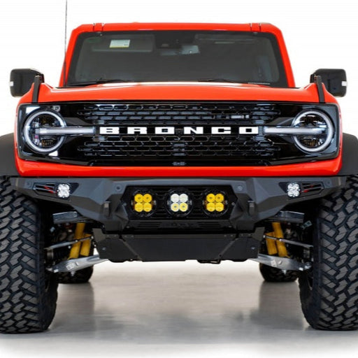 Addictive Desert Designs Bomber Front Bumper for Ford Bronco 2021-2023 with Baja Designs LP4 Mounts and D-Rings - Hammer Black Finish