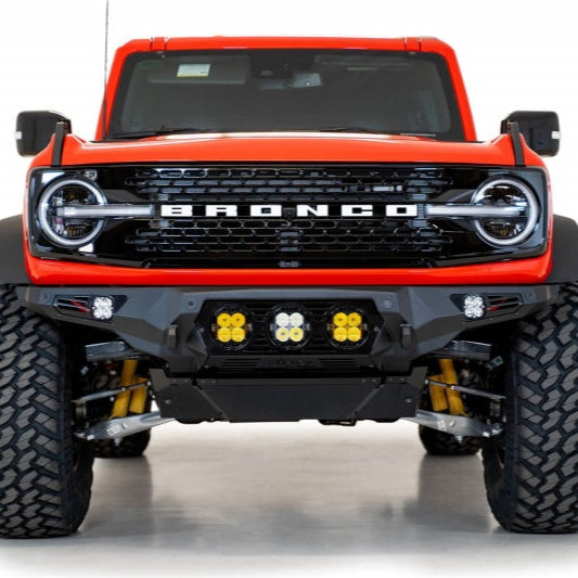 Addictive Desert Designs Bomber Front Bumper for Ford Bronco 2021-2023 with Baja Designs LP4 Mounts and D-Rings - Hammer Black Finish