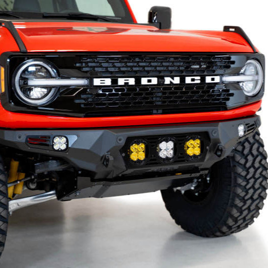 Addictive Desert Designs Bomber Front Bumper for Ford Bronco 2021-2023 with Baja Designs LP4 Mounts and D-Rings - Hammer Black Finish