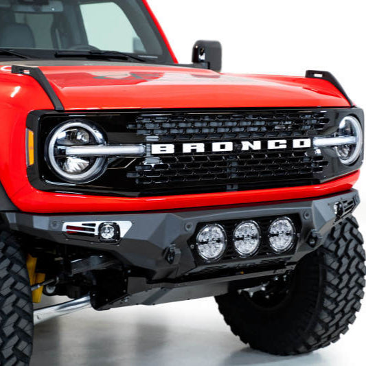 Addictive Desert Designs 21-22 Ford Bronco Bomber Front Bumper with Rigid 360 Mounts and D-Rings in Hammer Black