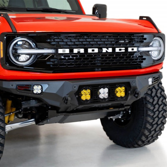 Addictive Desert Designs Bomber Front Bumper for Ford Bronco 2021-2023 with Baja Designs LP4 Mounts and D-Rings - Hammer Black Finish