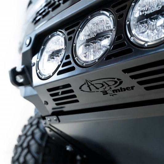 Addictive Desert Designs 21-22 Ford Bronco Bomber Front Bumper with Rigid 360 Mounts and D-Rings in Hammer Black