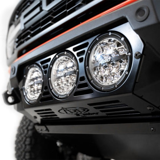 Addictive Desert Designs Ford Bronco Raptor Bomber Front Bumper with Rigid 360 Mounts and Side Cube Light Mounts